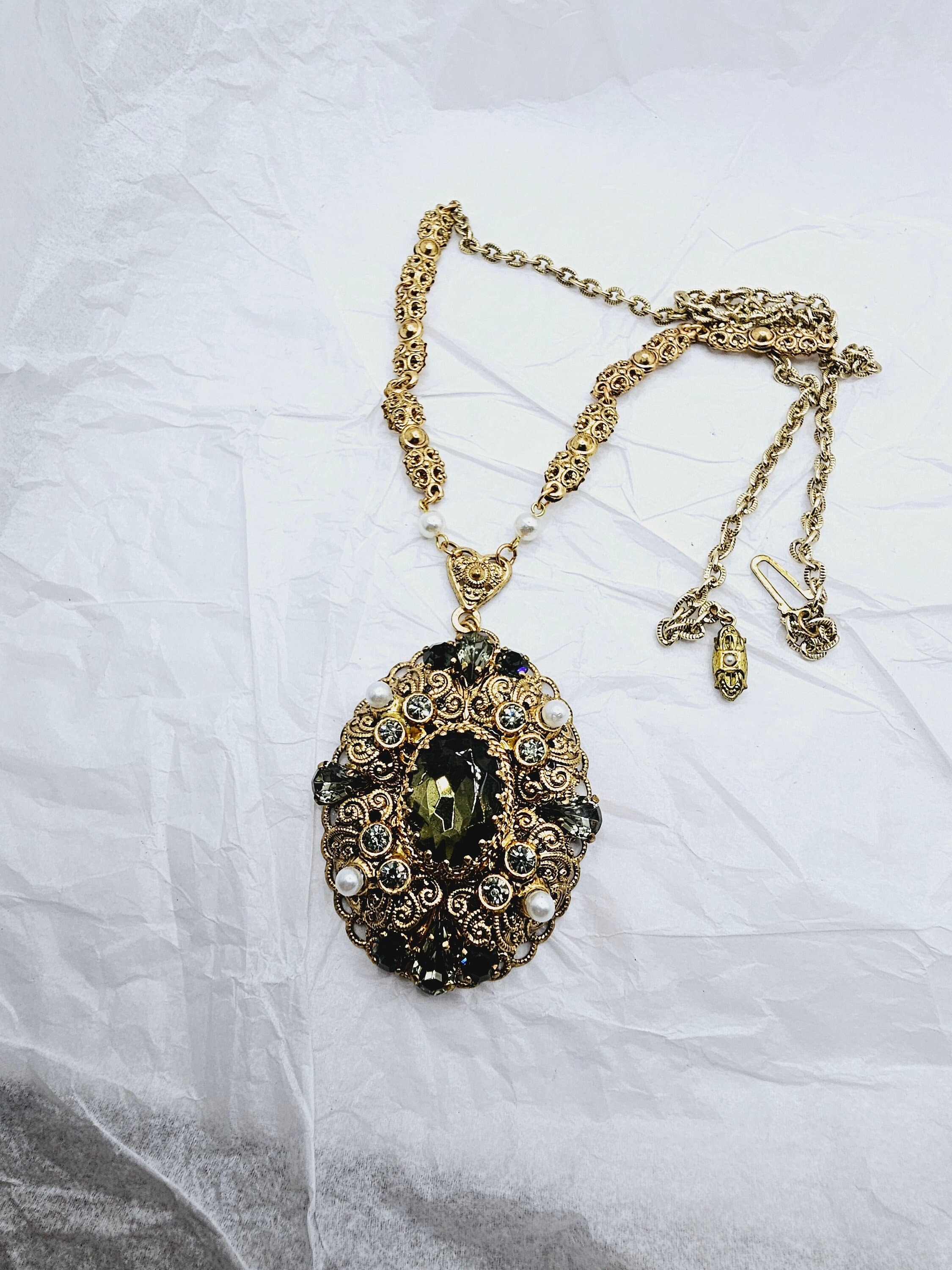 Very Pretty West German Pendant Necklace With Smoky Green Very Pretty West German Pendant Necklace With Smoky Green