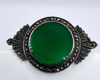 Stunning Art Deco Chrysoprase, Marcasite, and Silver Brooch