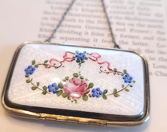 Guilloche Emaille Kompakt, Cabbage Rose Forget-Me-Not Design, Vintage Utensilo