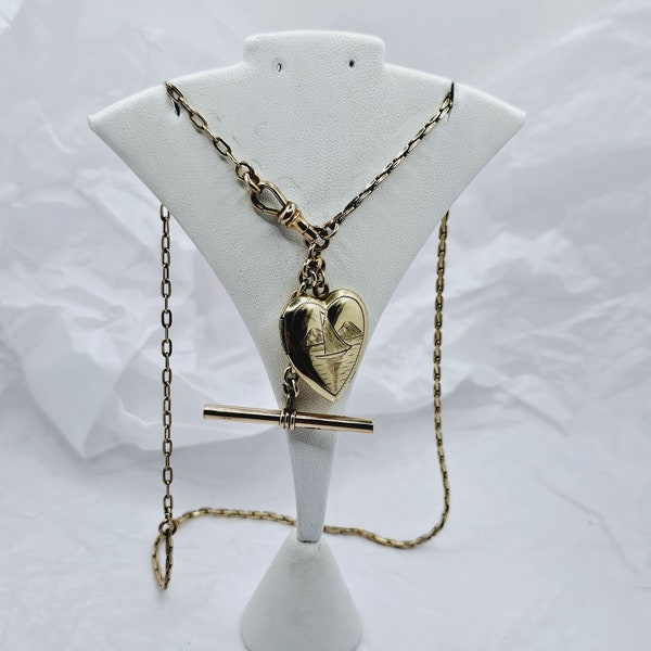 18" Vintage Gold Filled Watch Chain Necklace with Heart Shaped Locket and T-Bar Dangle, Antique Upcycled Albert Chain, Sailboat Jewelry