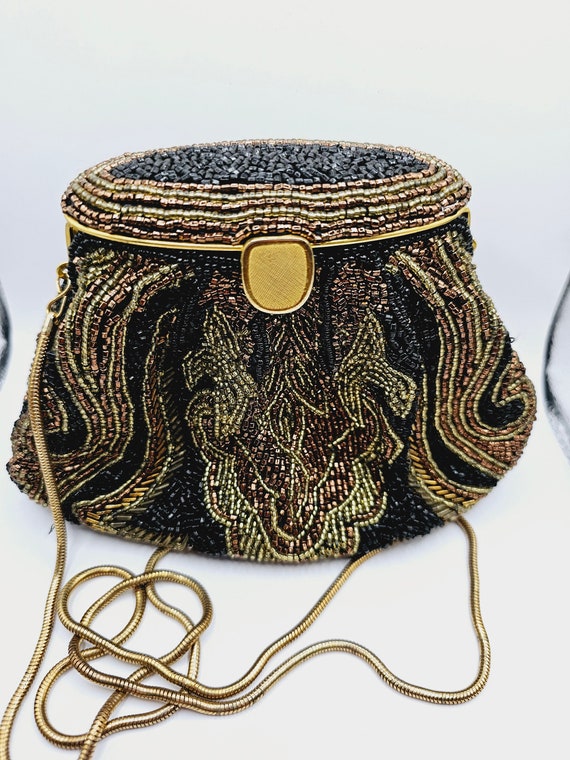 Gorgeous Black and Gold Vintage Beaded Evening Bag