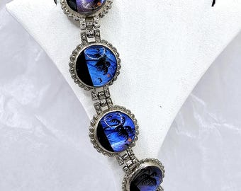 Vintage Art Deco Butterfly Wing Bracelet, Tropical Scene in Silver Tone