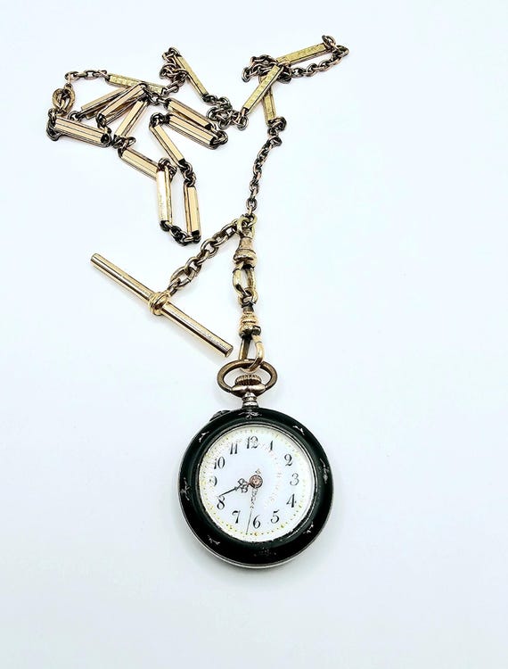 Vintage Argent Dore Pendant Watch, Black Enamel Floral  display picture 1