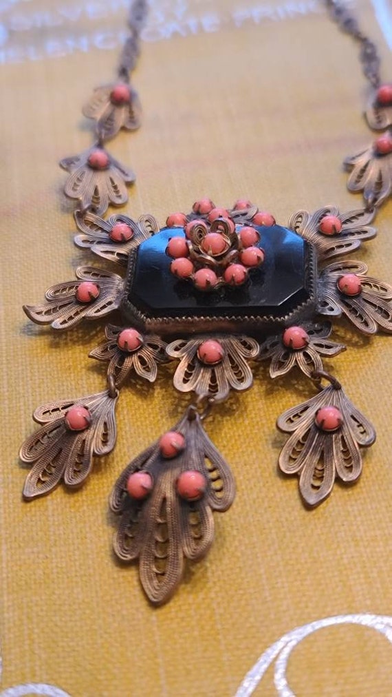 Exceptional Antique Coral, Onyx, and Brass Lavali… - image 5