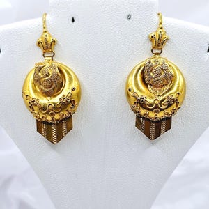 Stunning 14K and 18K Yellow Gold Victorian Etruscan Revival Earrings , Vintage C. 1890 Pierced Earrings, Solid Gold Dangle Earrings