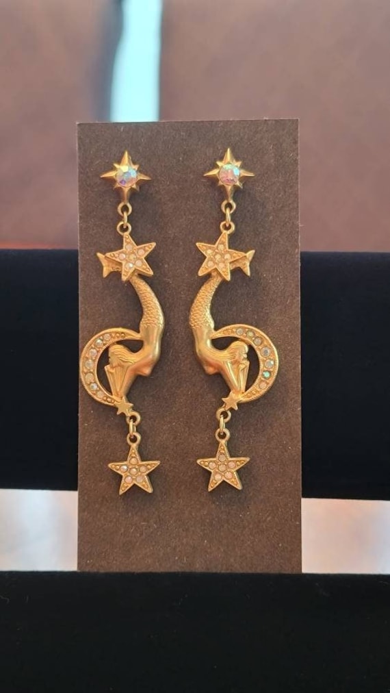 Kirks Folly Mermaid, Moon, and Stars Dangling Pierced Earrings  