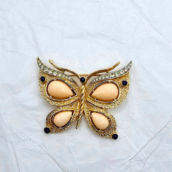 RARE Trifari Butterfly Brooch, Gold Coral and Blue Pin with Clear Rhinestone Accents, 1960's Vintage Jewelry