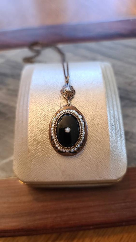 Antique Onyx and Genuine Pearl Mourning Pendant Ne