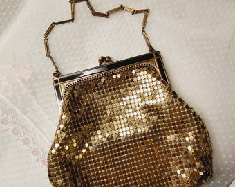 Early Art Deco Whiting and Davis Gold Mesh Evening Bag Purse with Black Enamel Details & Fancy Chain Handle, Made in USA, Vintage Accessory