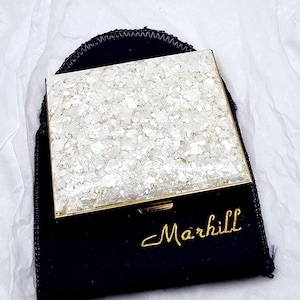 Excellent Marhill Mother of Pearl Powder Compact with Original Dust Cover, Vintage Make-Up Accessory, Purse Mirror, Cosmetic Case