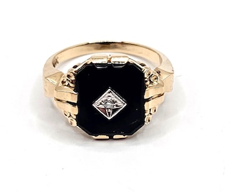 Vintage 10K Yellow Gold Onyx Diamond Ring, Art Deco Style