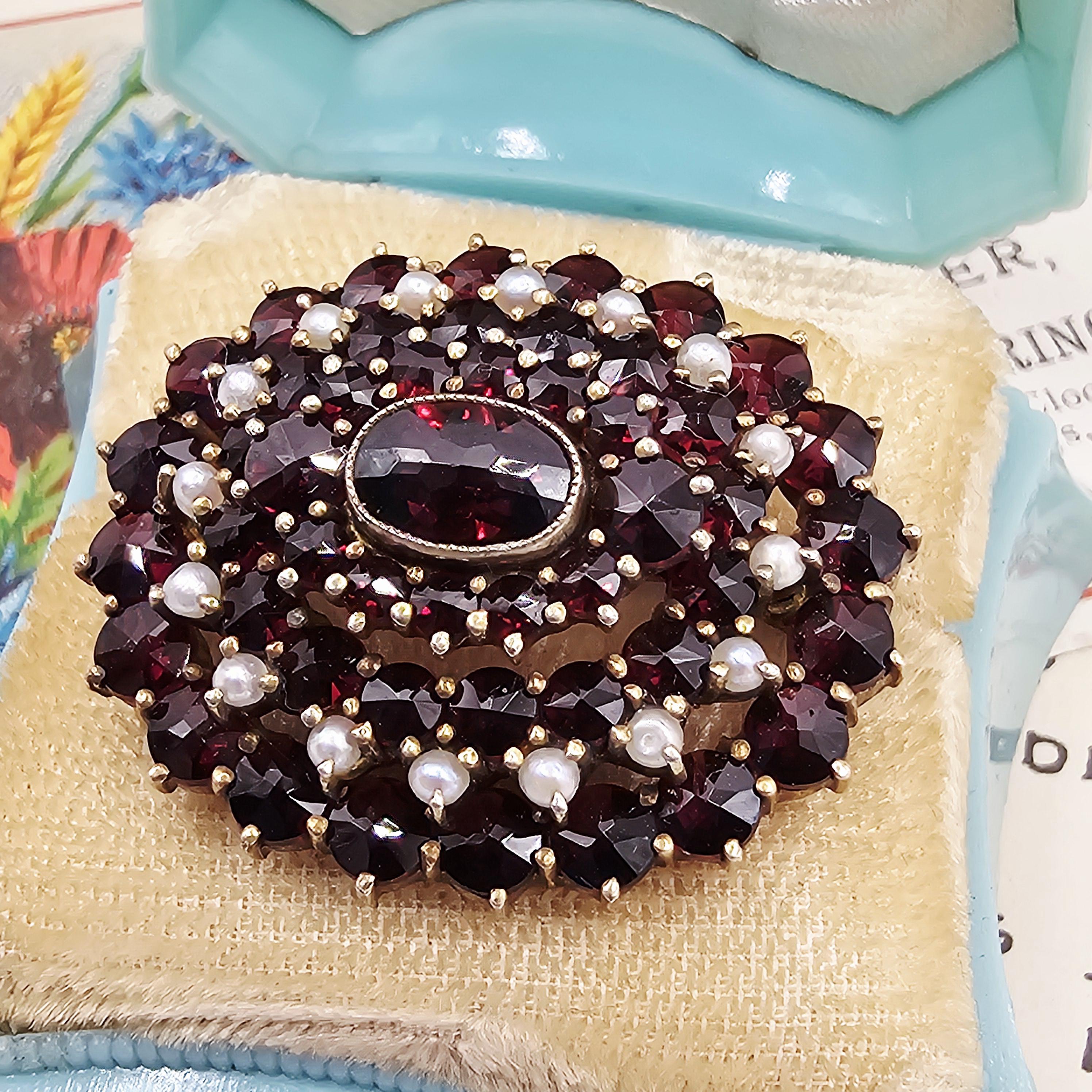 ボヘミアンガーネットシードパールブローチ、ヴィンテージ800シルバー