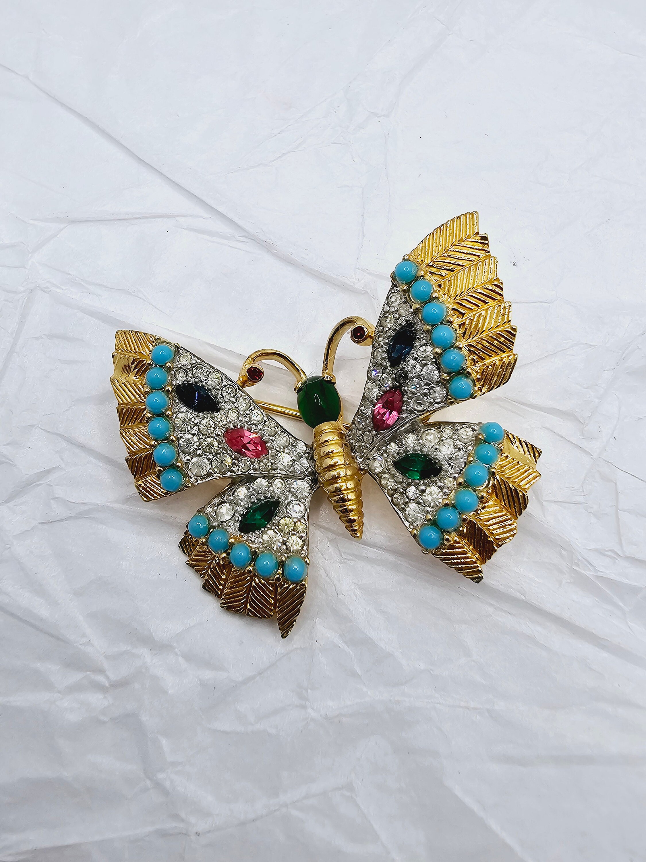 Jomaz Butterfly Pin Brooch Enamel Rhinestones Vintage