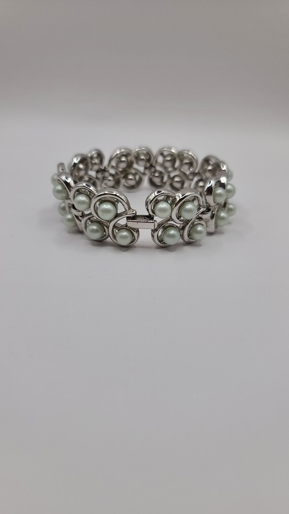 Wide Silver-Tone Trifari Bracelet with Pale Blue/… - image 5