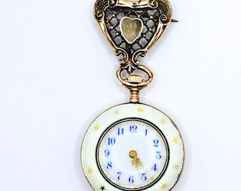 Vintage Sterling Silver Guilloche Enamel Swiss Pendant Watch Brooch