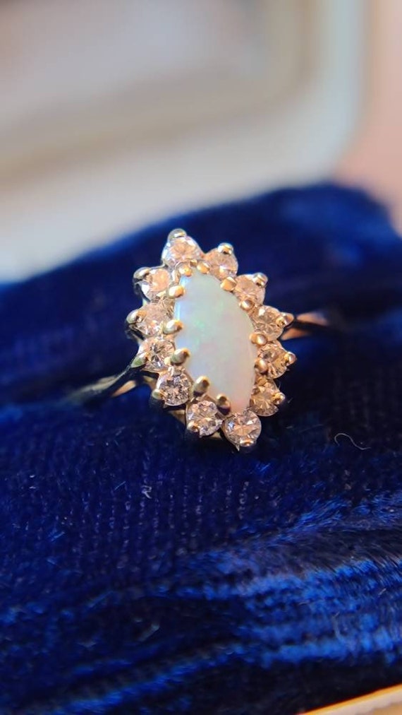 Brilliant Marquis Cut Opal and Diamond Ring Set i… - image 2