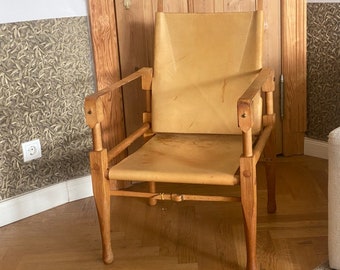 Beau cuir original Wilhelm Kienzle, bois foncé, chaise Safari vintage, 1950 en très bon état solide