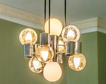 Modern DORIA Chrome and structured Glas Pendant two way lighting 8 Globes 1960s