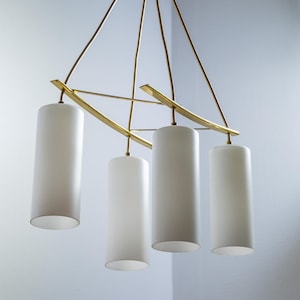 Modern Brass KAISER 1960s Chandelier 4 Opaque Drum Tube Glas Shades