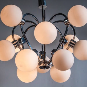 Mid Century Kaiser Leuchten Chrome Chandelier, 12 Opal Glass Globes
