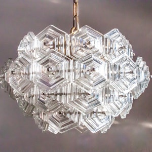 Rare BALLROOM CHANDELIER Pendant Light With Clear Crystal Glass Hexagons 1970s