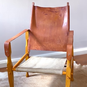 Una silla Safari original de Wilhelm Kienzle, de madera de haya y cuero/lino, de la década de 1950, en excelente estado (n.° 5)