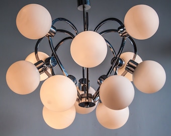 Mid Century Kaiser Leuchten Chrome Chandelier, 12 Opal Glass Globes
