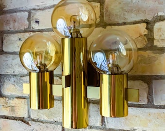 Original 1970s HANS AGNE JAKOBSSON Brass and Amber Glas Globe Wall Sconce