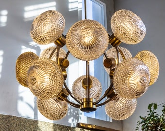 Mid Century 1970s SPUTNIK ATOMIC Brass 12 Light Chandelier With White Structured Glas Globes