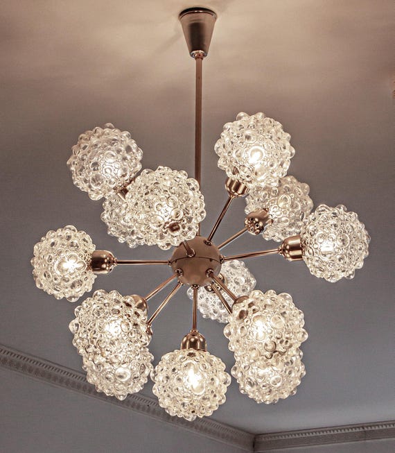 Brass Sputnik Chandelier: 1970s Starburst Light with Bubble Glass Globes
