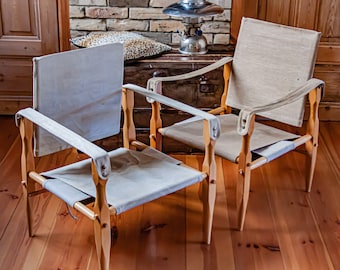 Due (una coppia) originali Wilhelm Kienzle in legno di faggio naturale, sedie Safari vintage in cotone, 1950, in ottime condizioni di solidità