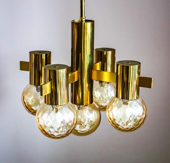 Rare Globe 1970s HANS AGNE JAKOBSSON Brass and Amber Glas Globe Pendant Light