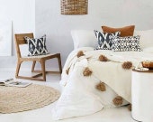 Free shipping ,Moroccan pom blanket,blankets,bed spread,moroccan throw blanket,cotton moroccan bedding,throw blankets,berber moroccan decor