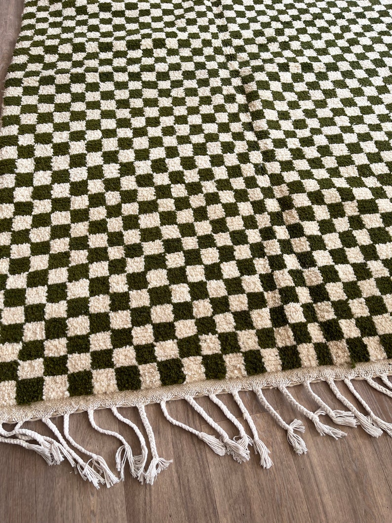 Green checkered rug Checkered rug Green moroccan rug Moroccan Rug Beni Ourain Rug Moroccan area rug green and white rug Berber Rug image 4