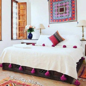 Moroccan pom blanket,blankets,bed spread,moroccan throw blanket,cotton moroccan bedding,throw blankets,berber moroccan decor
