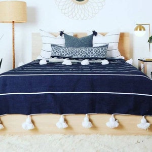Moroccan blanket - Pom Pom blanket - Blue  cozy blanket - personalized gifts - Super soft Blanket For bed - Bed spread - Woven Blanket.