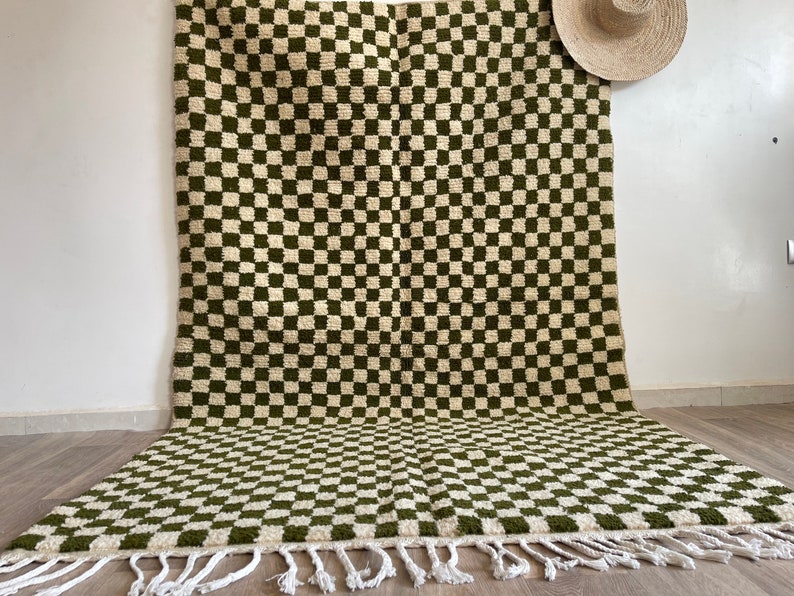 Green checkered rug Checkered rug Green moroccan rug Moroccan Rug Beni Ourain Rug Moroccan area rug green and white rug Berber Rug image 1