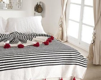 Moroccan blankets pom pom throw-cotton blanket-Birthday-Gift for mom-king bed cover-White with black stripes-handmade Throw blanket.