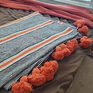 FREE SHIPPING-Navy + cream + orange - pom blankets-bed spread-Moroccan throw -cotton moroccan bedding-throw blankets-berber Moroccan decor.