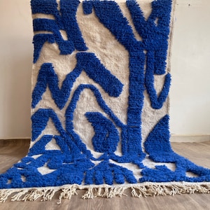 Bold Blue Moroccan Wool Rug – Handmade Shag Abstract Carpet for Modern Living Room 8x10