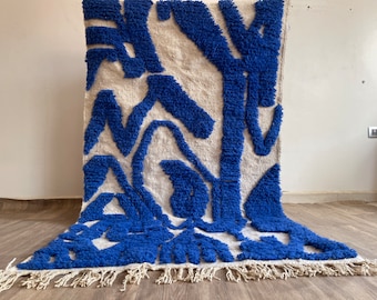 Bold Blue Moroccan Wool Rug – Handmade Shag Abstract Carpet for Modern Living Room 8x10