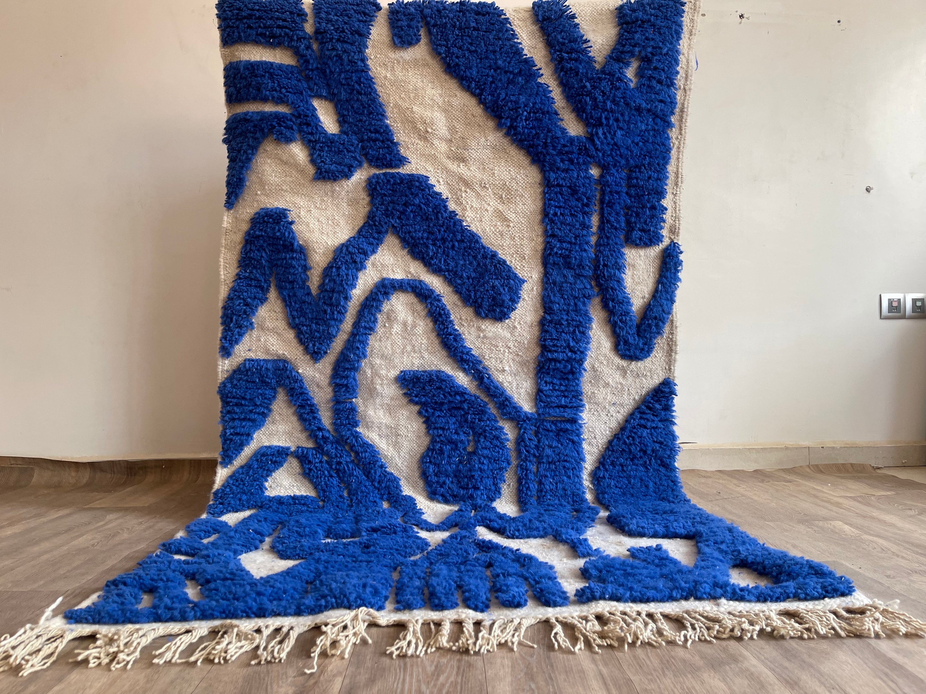Bold Blue Moroccan Wool Rug – Handmade Shag Abstract Carpet for