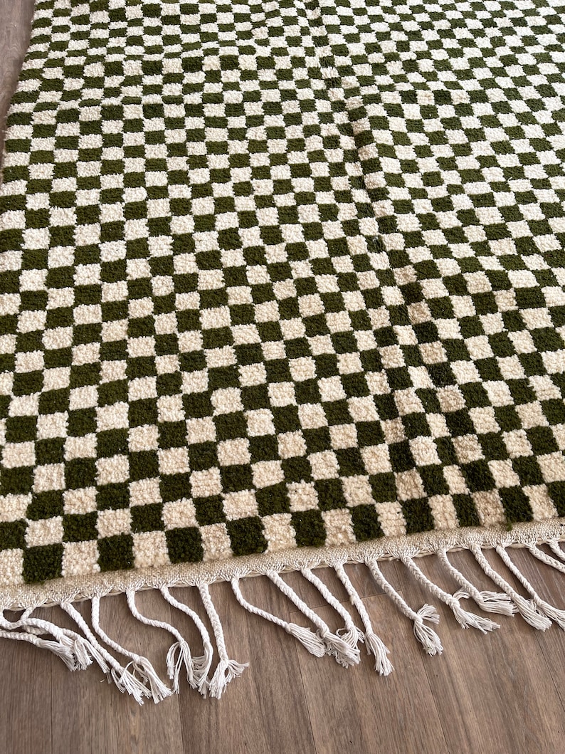 Green checkered rug Checkered rug Green moroccan rug Moroccan Rug Beni Ourain Rug Moroccan area rug green and white rug Berber Rug image 9