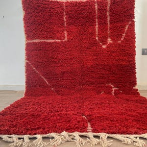 May include: A vibrant red rug with a thick, textured pile. The rug features a geometric design in white, with a fringe along the bottom edge. The rug is a decorative floor covering.
