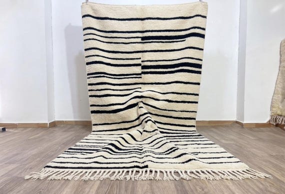 Striped Moroccan Rug - Modern Black and Ivory Berber Carpet - Handmade Minimalist Wool Rug - Luxury Shag Area Rug for High-End Bedroom