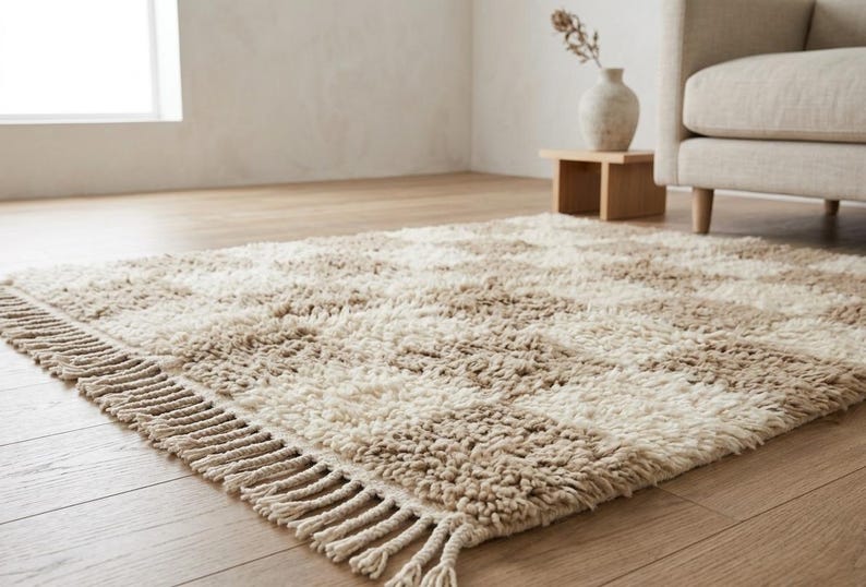 May include: A rectangular, shaggy rug with a geometric pattern of alternating beige and cream stripes. The rug has a fringed edge and is placed on a hardwood floor. The rug is a neutral color and would fit in a living room.
