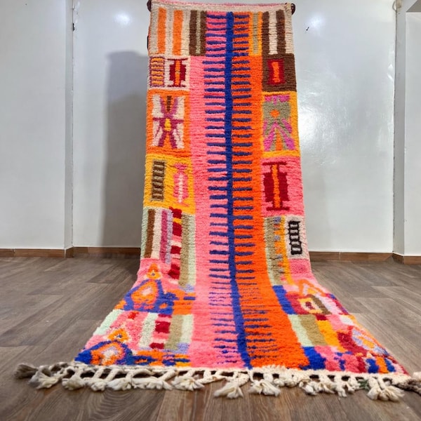 Moroccan Runner Rug: Pink Colorful Carpet Handmade Wool Area Rug