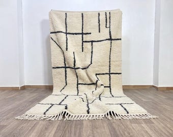 Modern Moroccan Rug - Minimalist Berber Wool Carpet - Cream Black Line Art Rug - Large Geometric Abstract Rug - Custom High Pile Shag Carpet