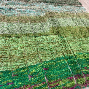 Pu&ograve; includere: Un tappeto a strisce verde e rosa con un bordo a frangia. Il tappeto &egrave; realizzato in un materiale morbido e soffice e presenta un motivo geometrico.