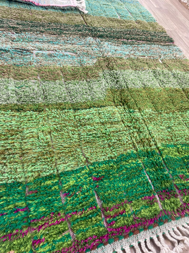 Pu&ograve; includere: Un tappeto a strisce verde e rosa con un bordo a frangia. Il tappeto &egrave; realizzato in un materiale morbido e soffice e presenta un motivo geometrico.